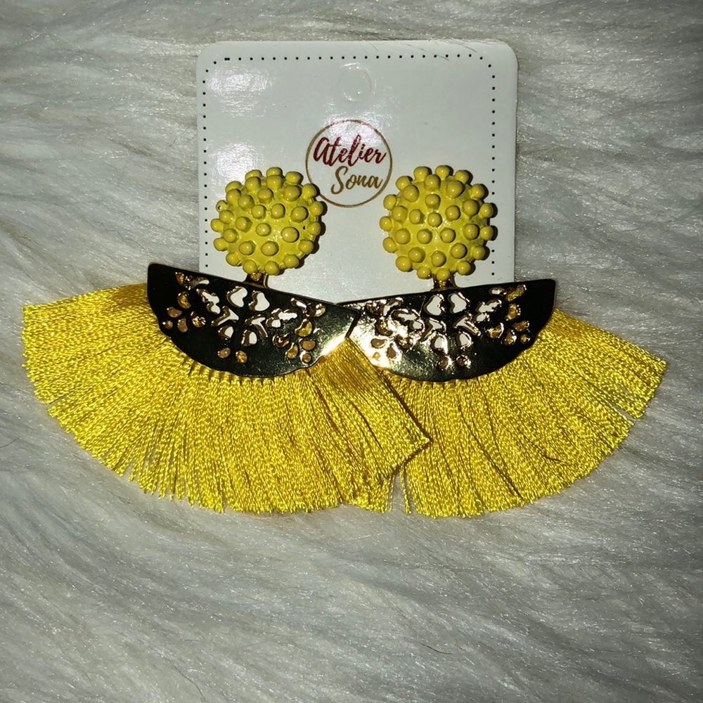 ππ Blue and Yellow Fringe Fan Earrings π - Picture 2 of 6